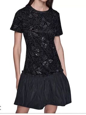 NWT Karl Lagerfeld Paris Black Sequin Bow Appliqué Drop-Waist Dress Size 8